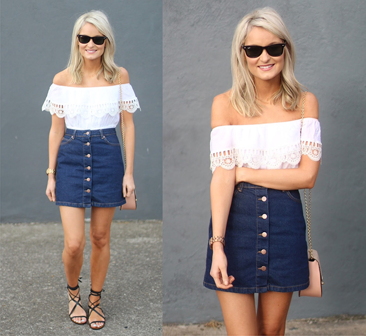 saia jeans e blusa branca