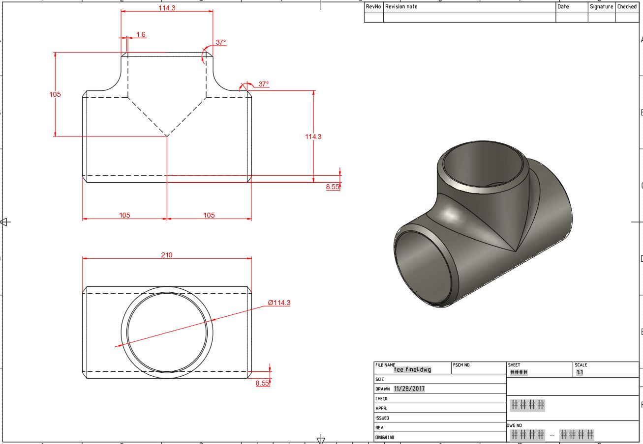 AUTOCAD NETWORK Buttweld Straight Pipe Tee fitting in AutoCAD 3D