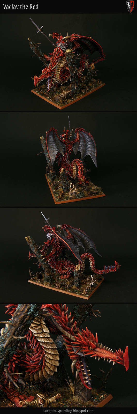 A Vampire Lord miniature riding a heavily converted High Elf Dragon, one from Imrik. The dragon is covered in pointy scales, made out of greenstuff painted red and is going through a forest, felling down trees. The whole diorama-like composition is visible from several angles and usable in WFB or AoS. The last picture shows a close-up on the dragon's face.