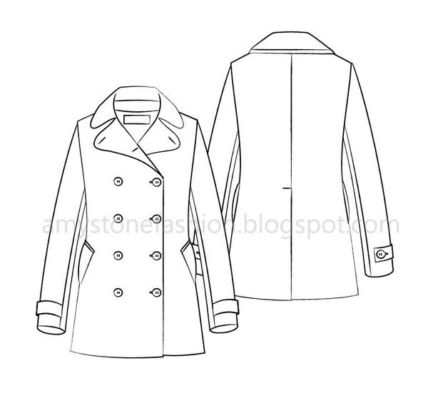 Women's Pea coat flat fashion sketch template 0153 ~ Amy Stone's Sketches