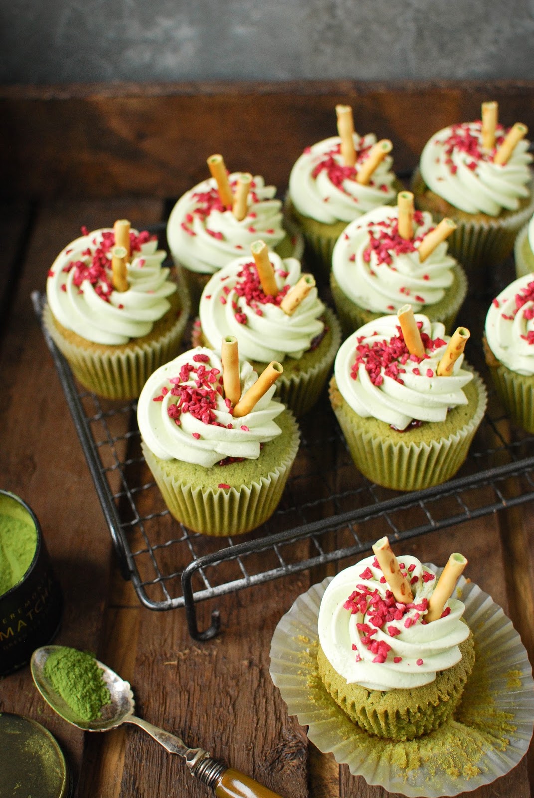 Green tea infused cupcakes filled with a sweet raspberry jam. A match made in heaven.