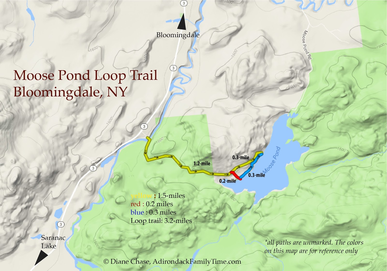 Easy Adirondack Hikes Walk to Moose Pond (Saranac Lake) Trail Map