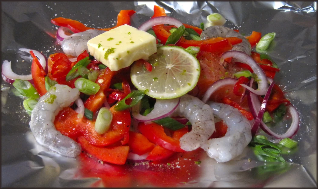 Foil Baked Salmon and King Prawns with Chilli and Lime Butter A Glug