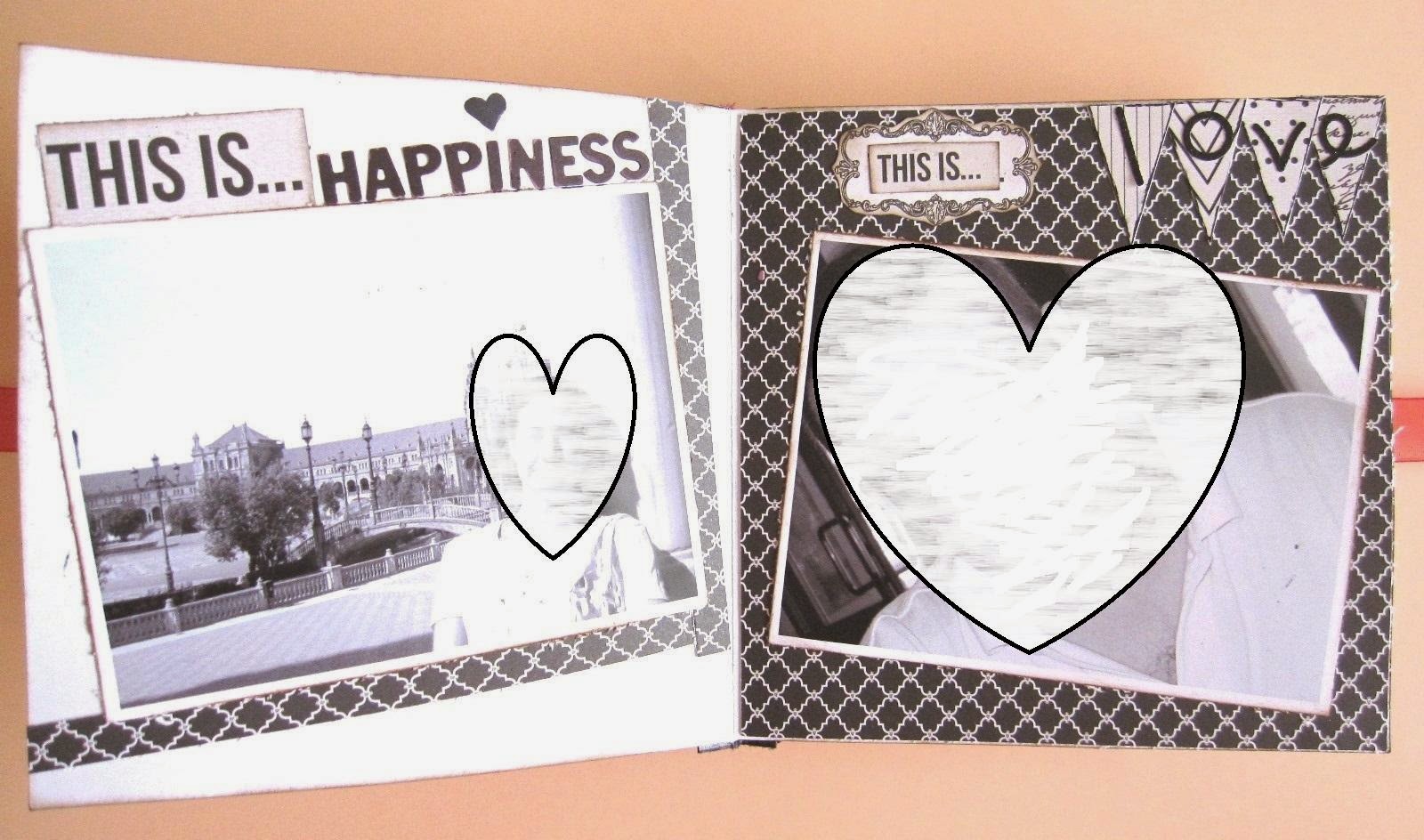 foto 6 decoración interior LOVE mini-album, interior tarjeta LOVE decorada en blanco y negro con mats y banderines