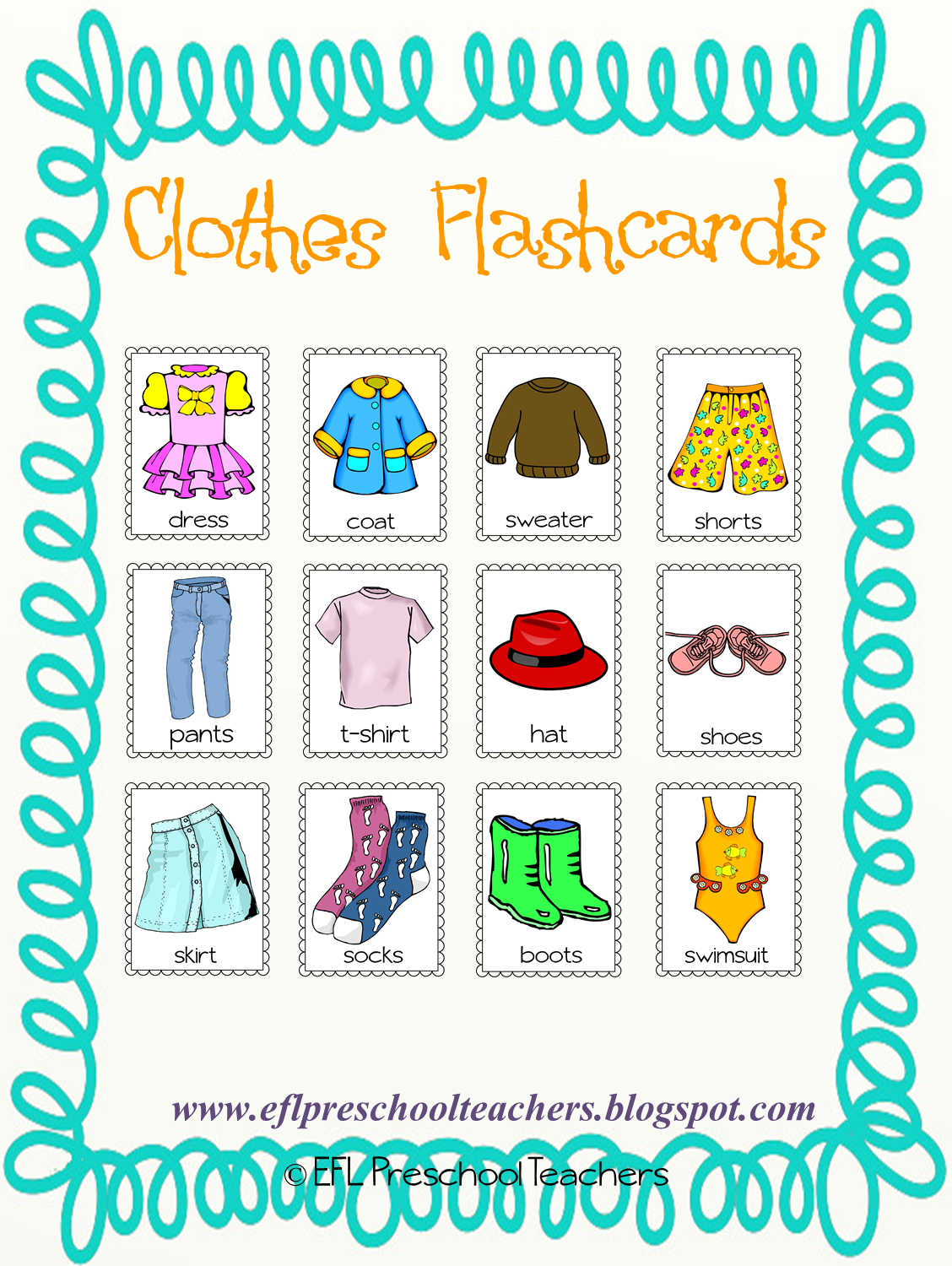 ESL/EFL Preschool Teachers: Clothes Worksheets and Flashcards for ESL