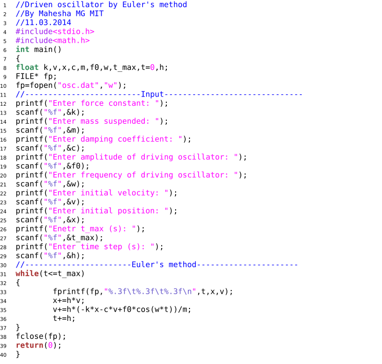 Computational Physics: C Code - Driven Oscillator by Euler's Method