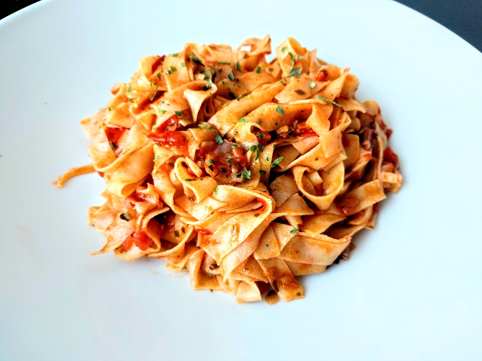 Fettuccine with tomato and pancetta sauce Kitchen Exile