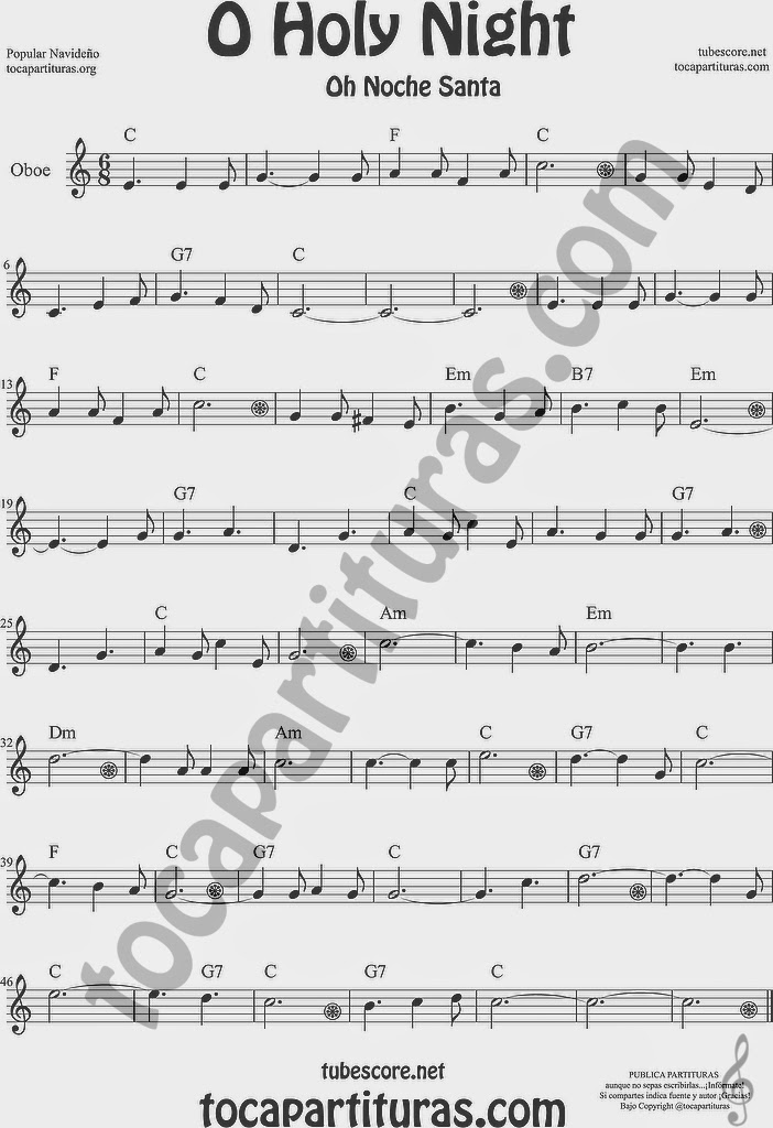  O Holy Night Partitura de Oboe Sheet Music for Oboe Music Score Oh Noche Santa