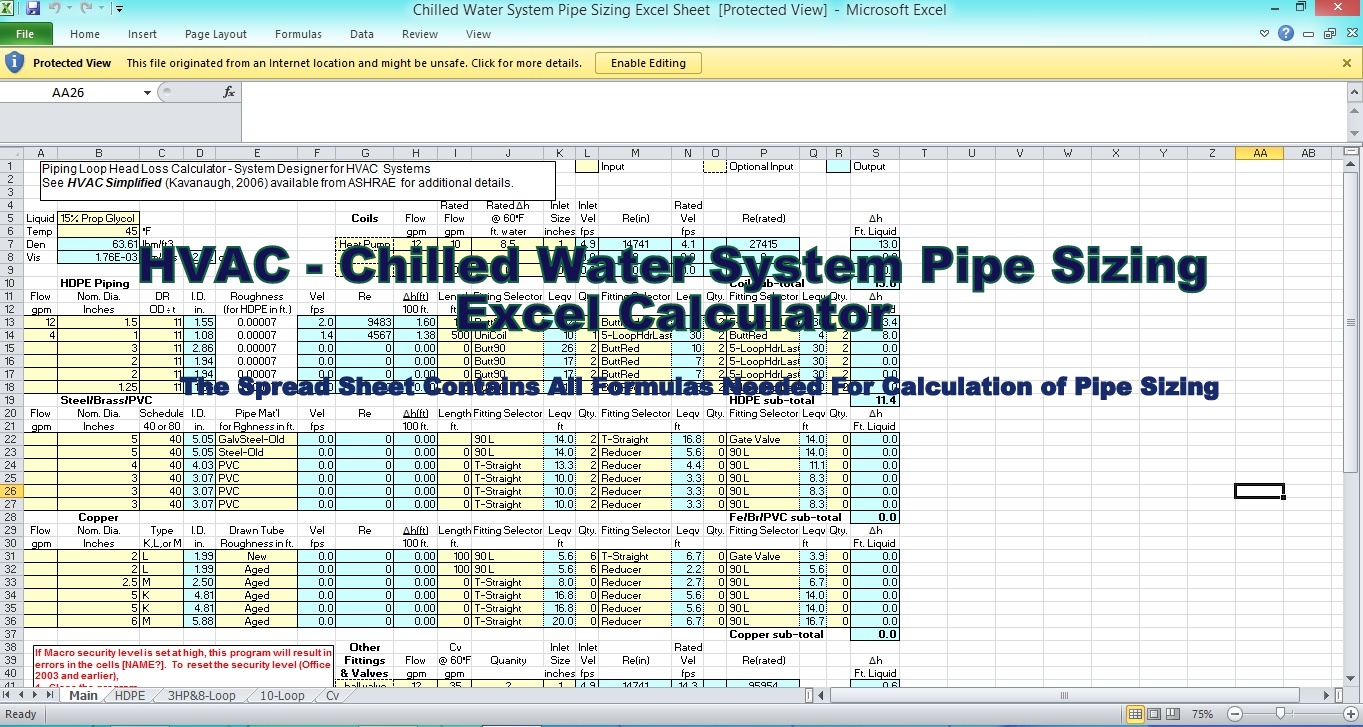 HVAC - Chilled Water System Pipe Sizing Excel Calculator (For Free)