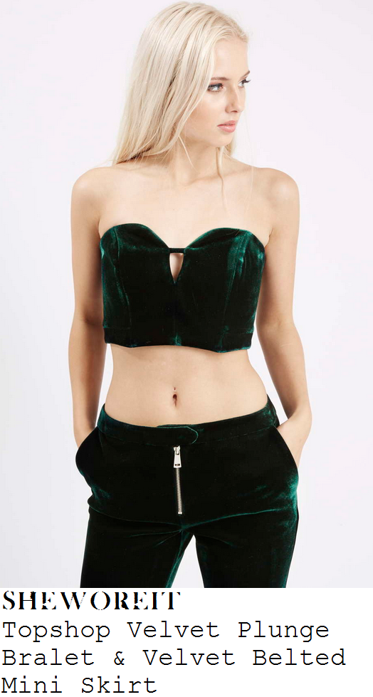 louisa-johnson-green-velvet-bralet-and-belted-mini-skirt