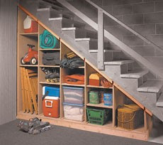 under stair shelves, basement stairs