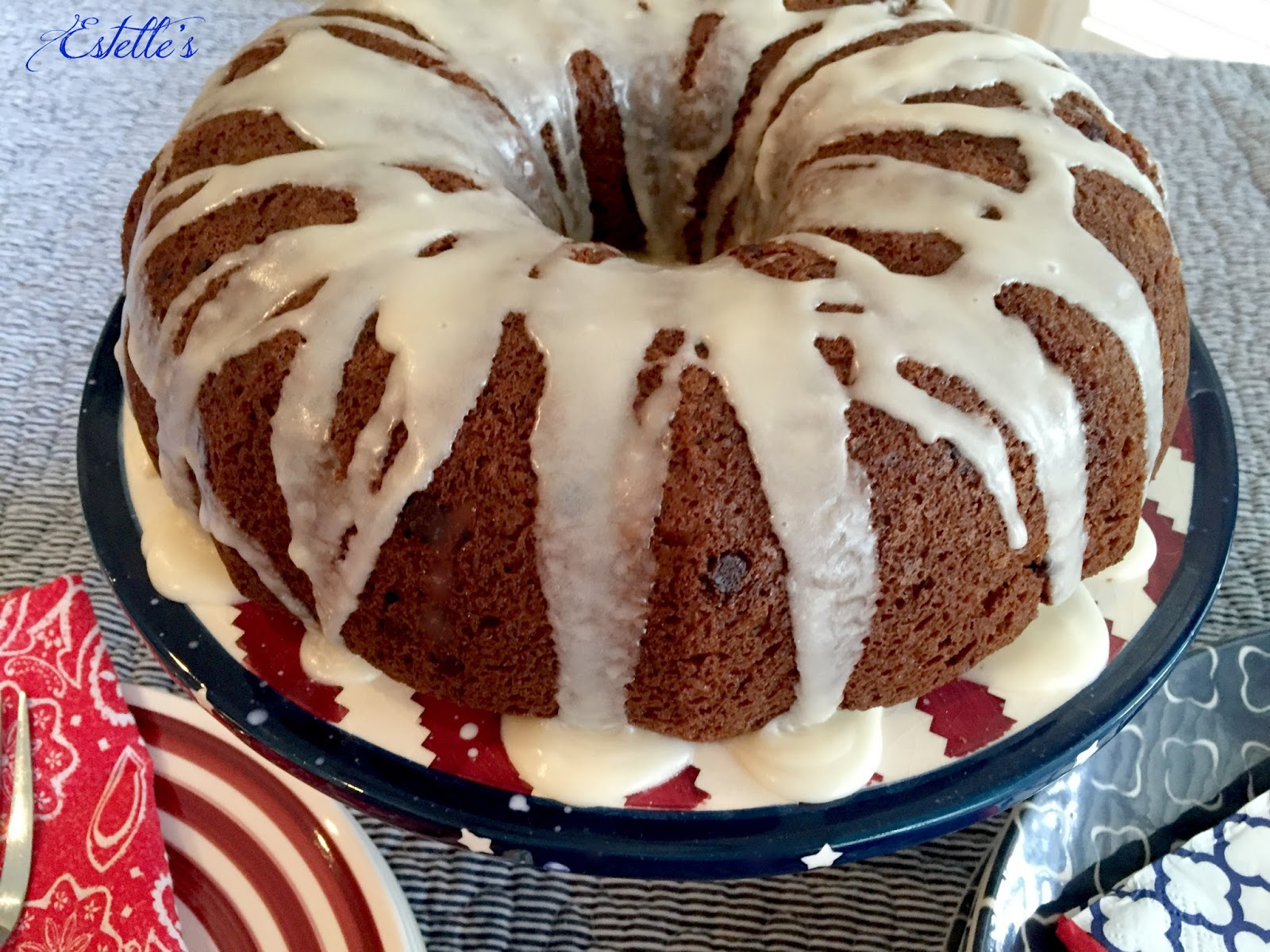 Estelle's GERMAN CHOCOLATE CHIP BUNDT CAKE WITH BOURBON VANILLA GLAZE