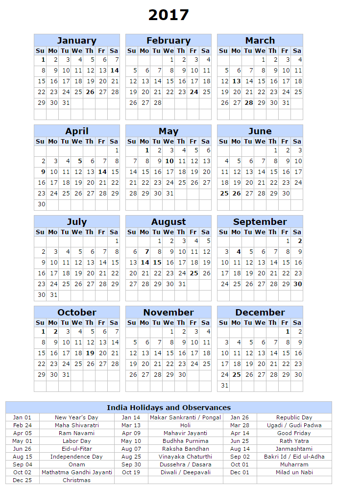 Free Printable Calendar 2018 India Holidays calendar 2017