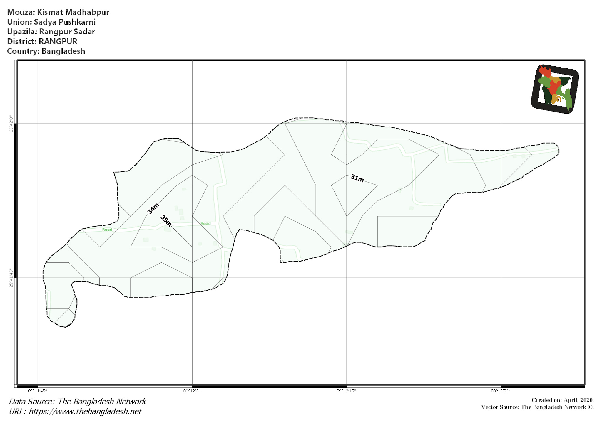 Map of Kismat Madhabpur Mouza of Rangpur Sadar Upazila, RANGPUR, Bangladesh.