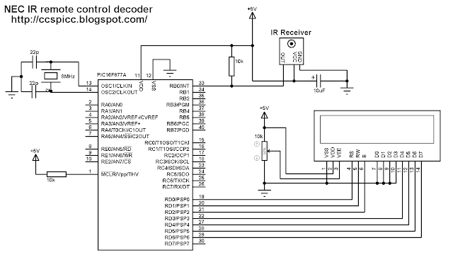 NEC Protocol IR remote control decoder with PIC16F877A microcontroller