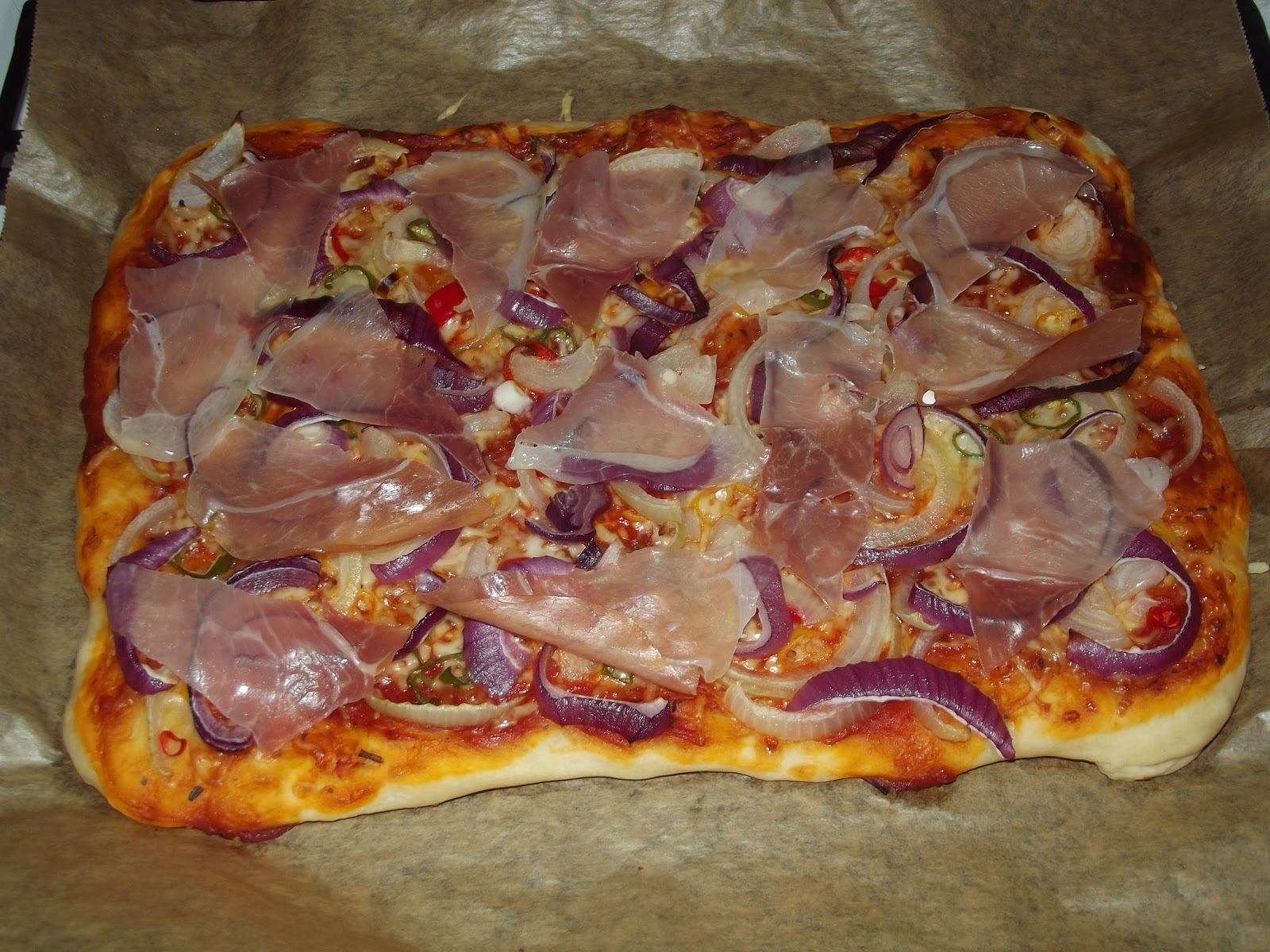 Adventures in Flavorland Prosciutto, chile and onion pizza