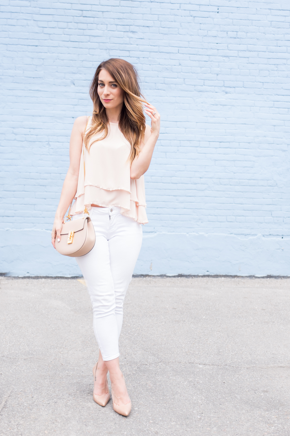 denim and peach outfits