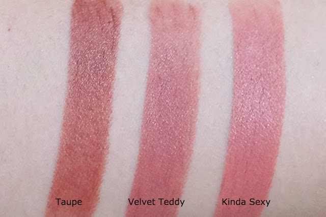 MAC Lipstick Comparison: (L-R) Taupe, Velvet Teddy, Kinda Sexy