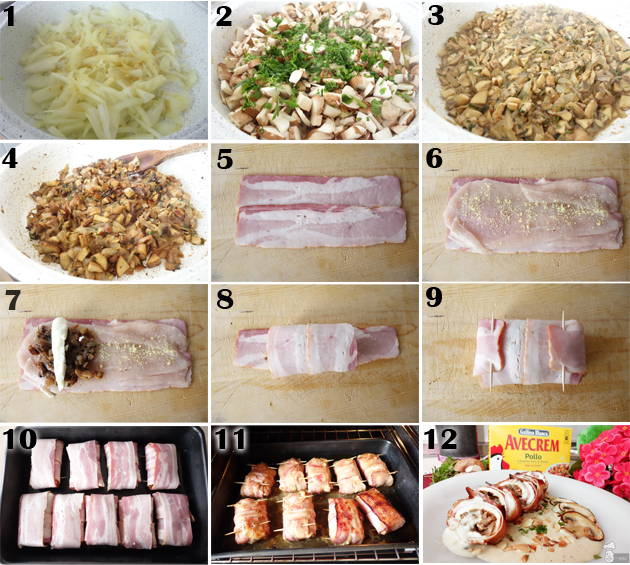 Rollitos de pollo rellenos de setas con bacon 