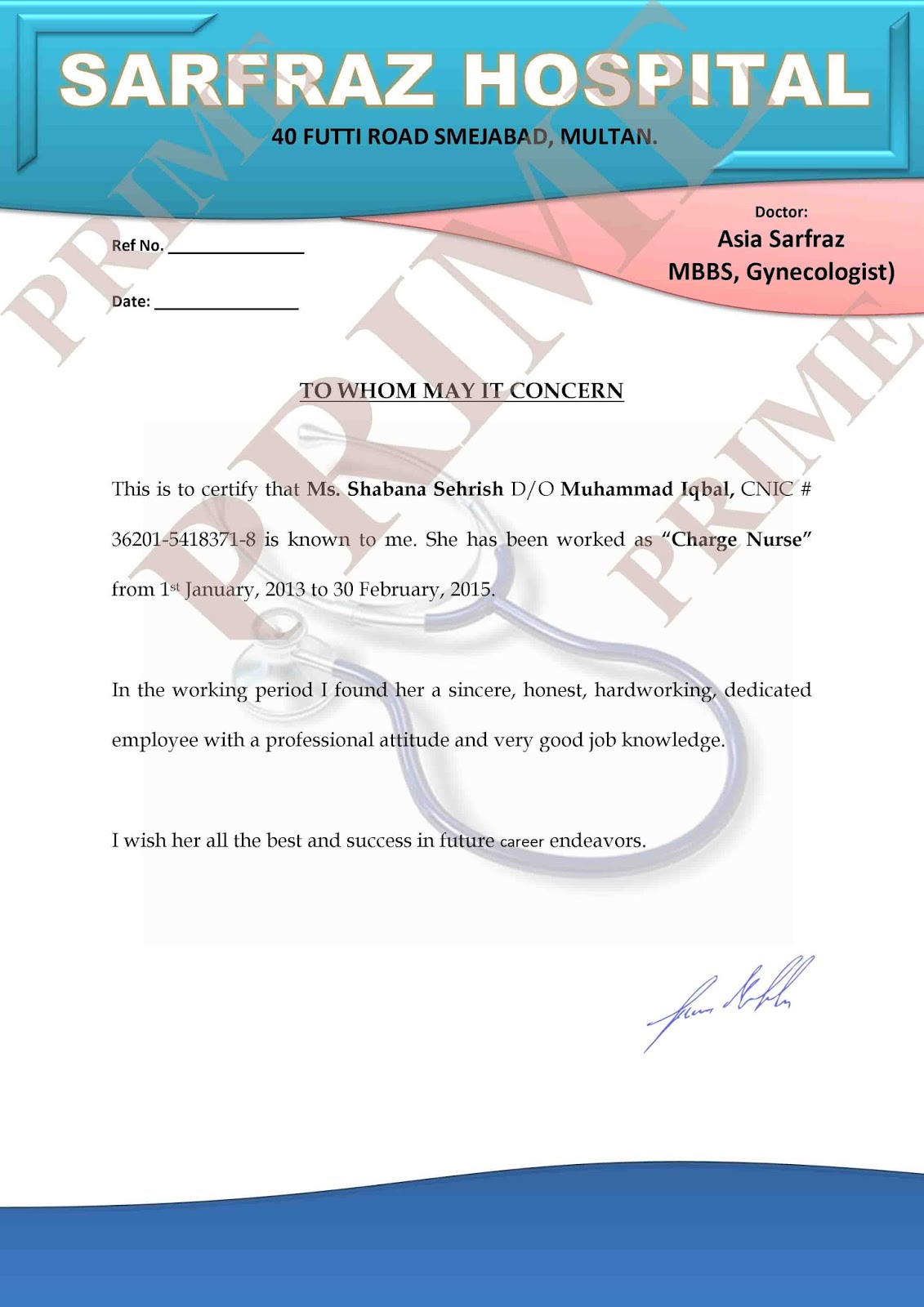 Hospital Experience Certificate