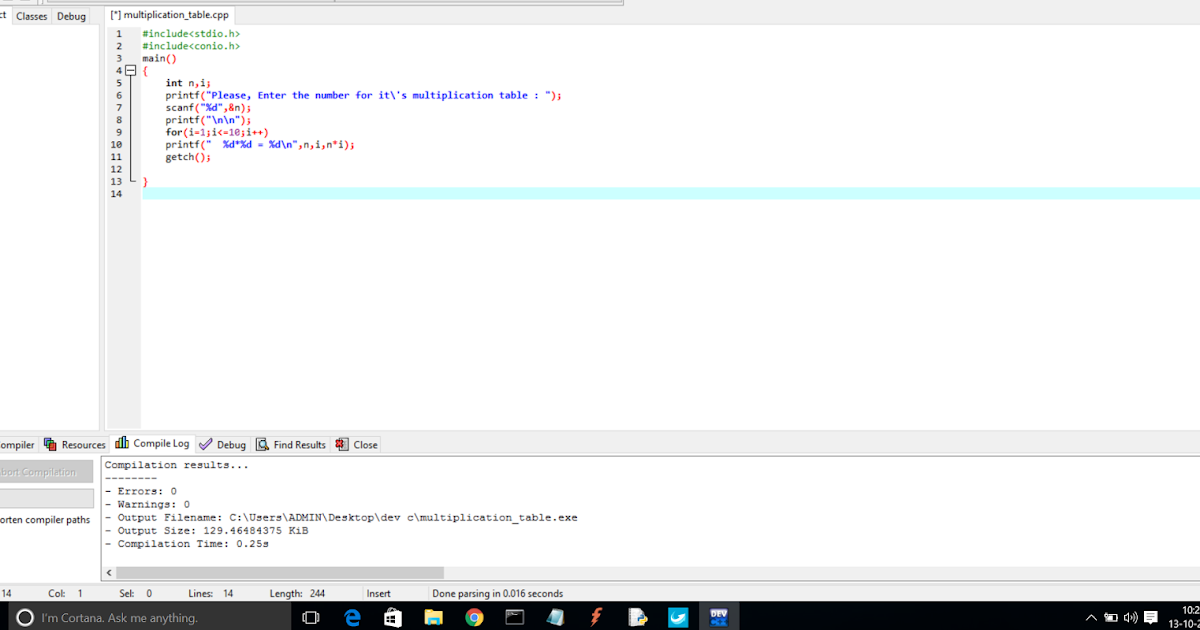 C program for multiplication table