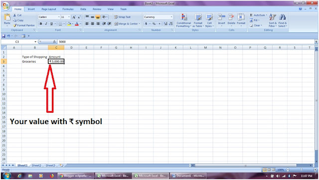 Rupee symbol in MS Office Excel 2007
