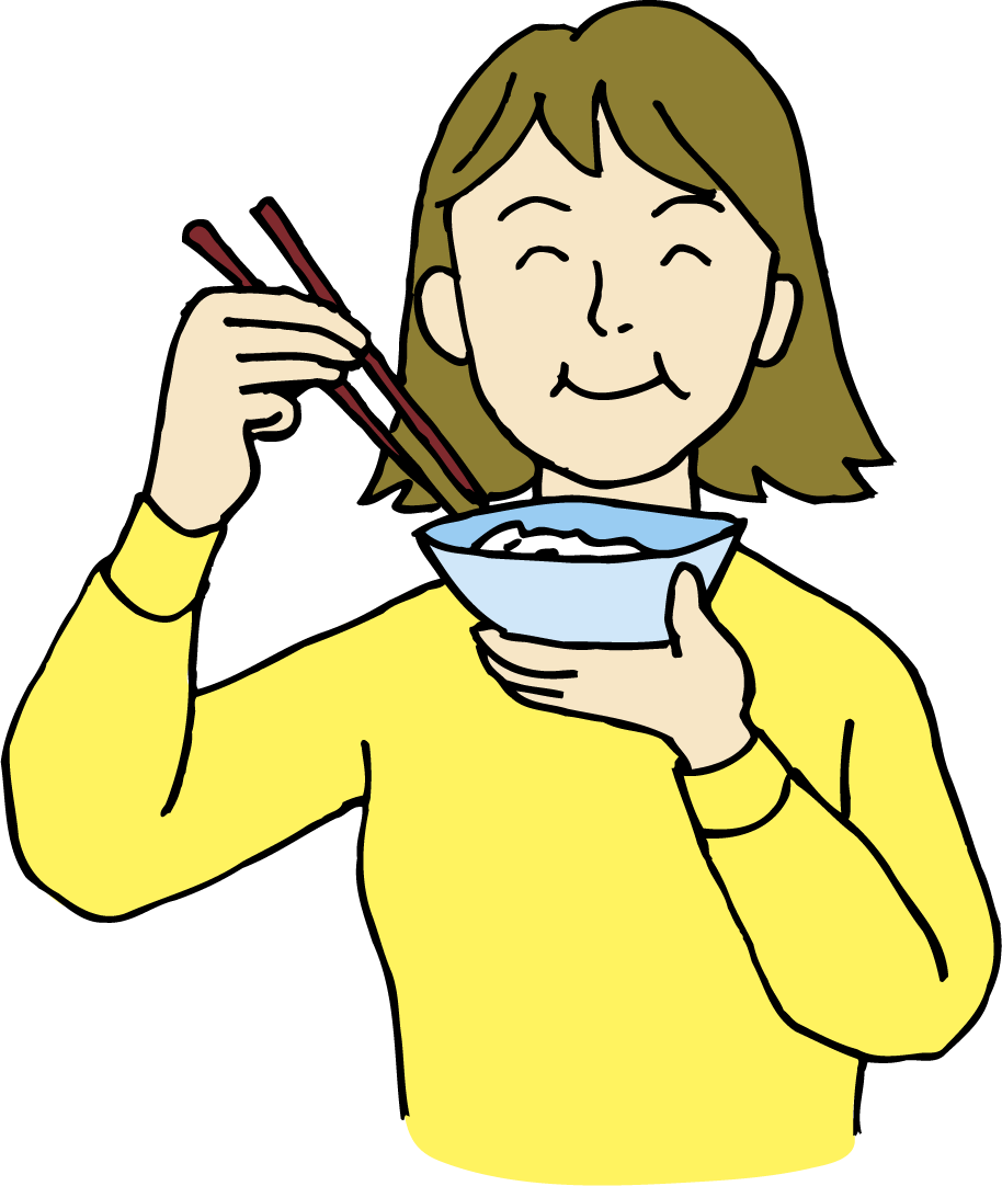日々のイラスト 茶碗を持って箸でお米を食べる女性のイラスト