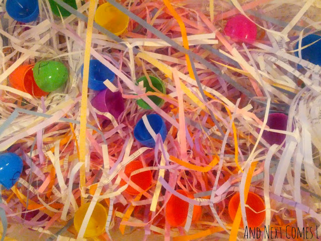 Shredded paper Easter sensory bin for kids