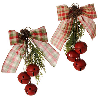 RAZ Christmas Tree Orchard red jingle bell and cedar spray ornaments