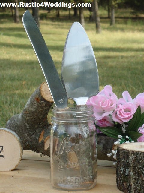  Rustic  Wedding  Cake  Server  And Knife Set  With Wood Handles