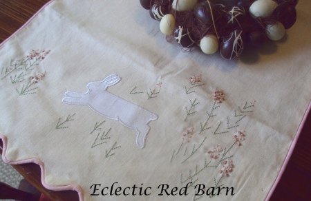 Eclectic Red Barn: Pink Easter table runner with flowers and a bunny