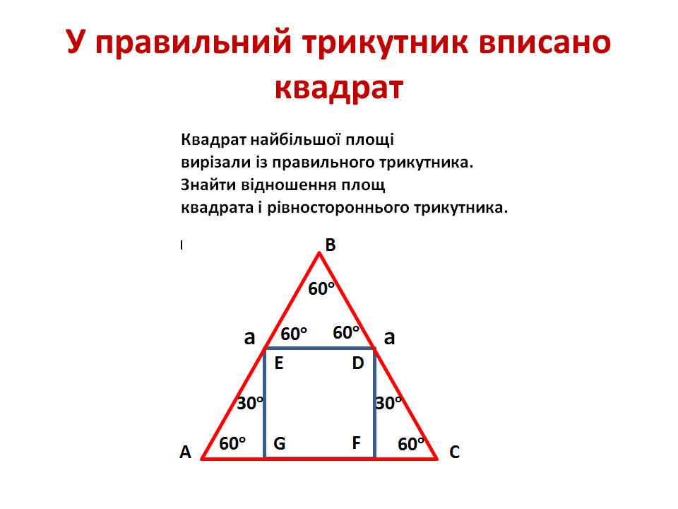Квадрат в треугольнике свойства. Квадрат вписанный в треугольник. Правильний трикутник. Равносторонний треугольник вписанный в квадрат. Квадрат вписаний трикутник