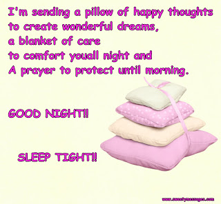 I'm sending a pillow of happy thoughts to create wonderful dreams, a blanket of care to comfort you all night and A prayer to protect until morning. GOOD NIGHT!! SLEEP TIGHT!!