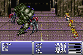 The party battles Inferno, a boss in Final Fantasy VI.