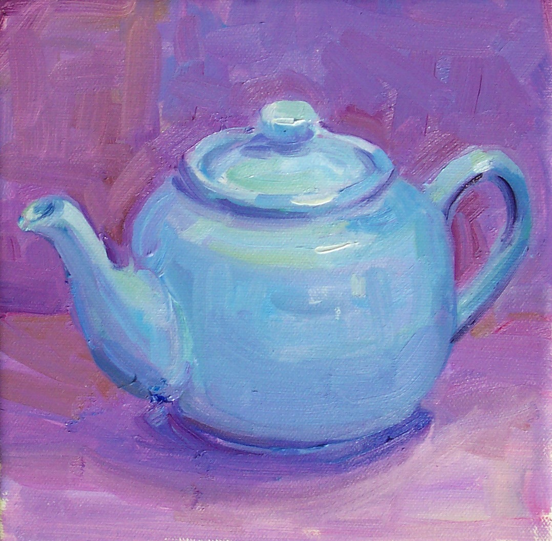 Art Every Day Blue Teapot,still life,oil on canvas,8x8,price200