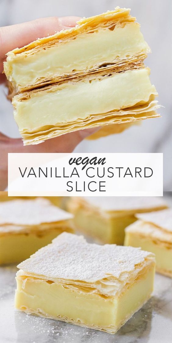 Vegan Vanilla Custard Slice with a creamy custard surrounded by flaky pastry. Only 6 ingredients (with 2 extra optionals) and simple to make.