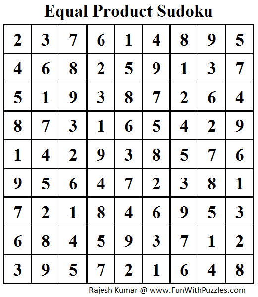 Equal Product Sudoku (Daily Sudoku League #156) Answer