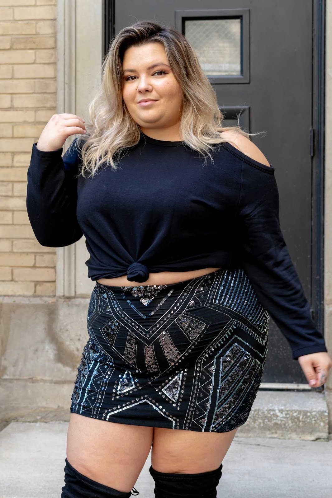 Chicago fashion blogger, Chicago plus size fashion blogger, natalie Craig, natalie in the city, plus size fashion, Chicago fashion, plus size fashion blogger, eff your beauty standards, fatshion, skorch magazine, Chicago model, plus size model, plus size petite, affordable plus size clothing, embrace your curves, plus model magazine, petite plus size, body positive, express plus sizes, sequin skirt, wide calf knee high suede boots, rebel Wilson x angels, cold shoulder