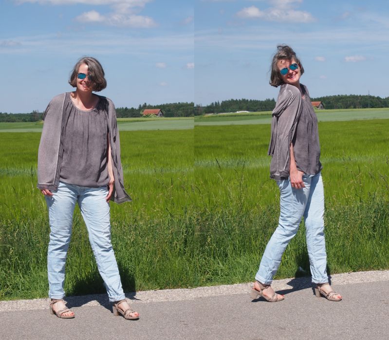 Steingraues Twinset zu himmelblauer Jeans kombiniert