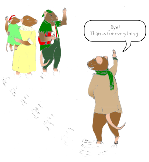 Frank the mouse waves, "Bye! Thanks for everything!" to the rat with suspenders, the mother rat, and her little daughter, who waves back from her mother’s arms. The rat with suspenders, still dressed in his Christmas-green, jagged jacket and floppy hat, waves back; holding the red fluff-lined coat and trousers Frank had, folded neatly under his arm. Frank is now wearing his traditional blue jacket, and over it, a heavy beige coat, with army-green lapels, and a scarf. He is holding his right foot slightly raised, out of the snow.
