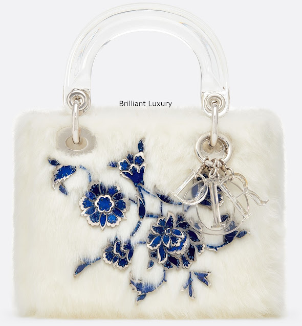 ♦Lady Dior bag, optic white color faux fur embroidered with metallic and blue flowers, designer Burçak Bingöl