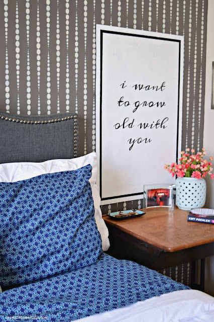 Grey and White Master Bedroom Makeover With Black and White Typography Art