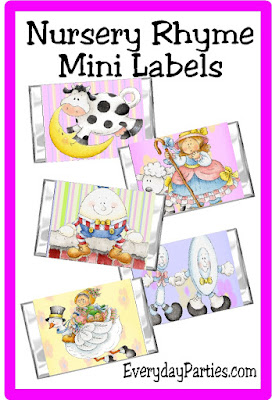 Add a little sweetness to your baby shower with these Nursery Rhyme mini candy bar wrappers.  You'll find Little Bo Peep, the Cow jumping over the Moon, the Dish running away with the Spoon, Humpty Dumpty, and Old Mother Goose.