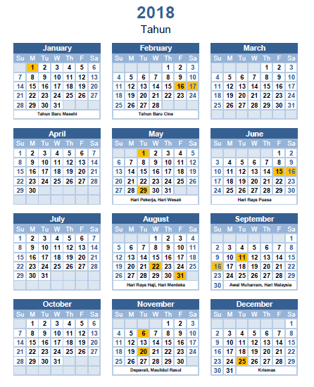 Kalender dan Cuti Umum Malaysia 2018