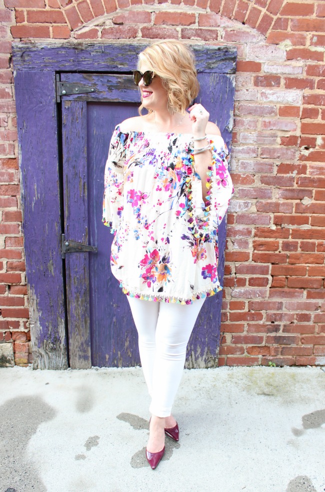 Floral Tassel Top // White Karen Kane Jeans // Mirrored Sunglasses