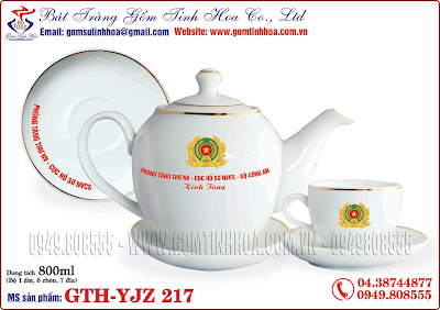 Ấm chén viền vàng Gốm Tinh Hoa Bát Tràng in logo quà tặng - www.gomtinhhoa.com.vn