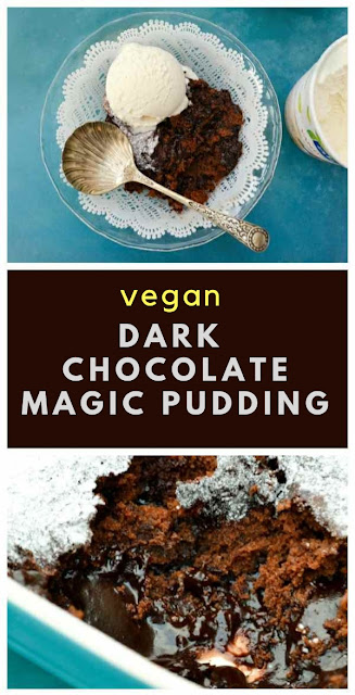 Dark chocolate magic pudding. A luxurious self-saucing chocolate pudding. It's called magic pudding and it really is. Before you put it in the oven you pour boiling water over the mixture and it magically transforms into a rich chocolate sauce under the pudding. #chocolatepudding #veganpudding #magicpudding #dessert #chocolatedessert #veganchocolatedessert