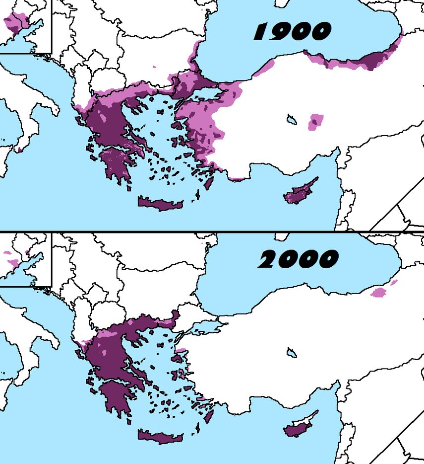 Distribution of Greeks in 1900 & 2000 Vivid Maps