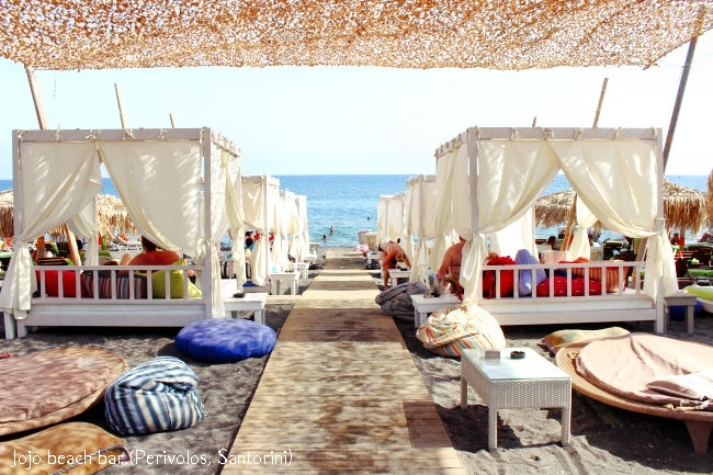 Jojo summer beach bar in Perivolos beach in Santorini