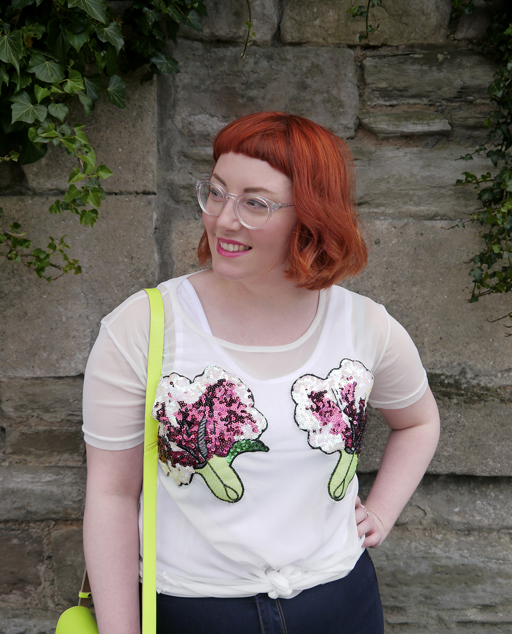 Colourful Day Time Sequins styled by Helen, Scottish blogger, Dundee blogger, red head, ginger hair, short ginger hair, Iolla glasses, #seewithiolla, Never Monday, day time sequins, sequin top, casual sequins, Yoshi satchel, neon yellow satchel, denim jean, pom pom shoes, pom pom flat shoes, pink pom pom shoes